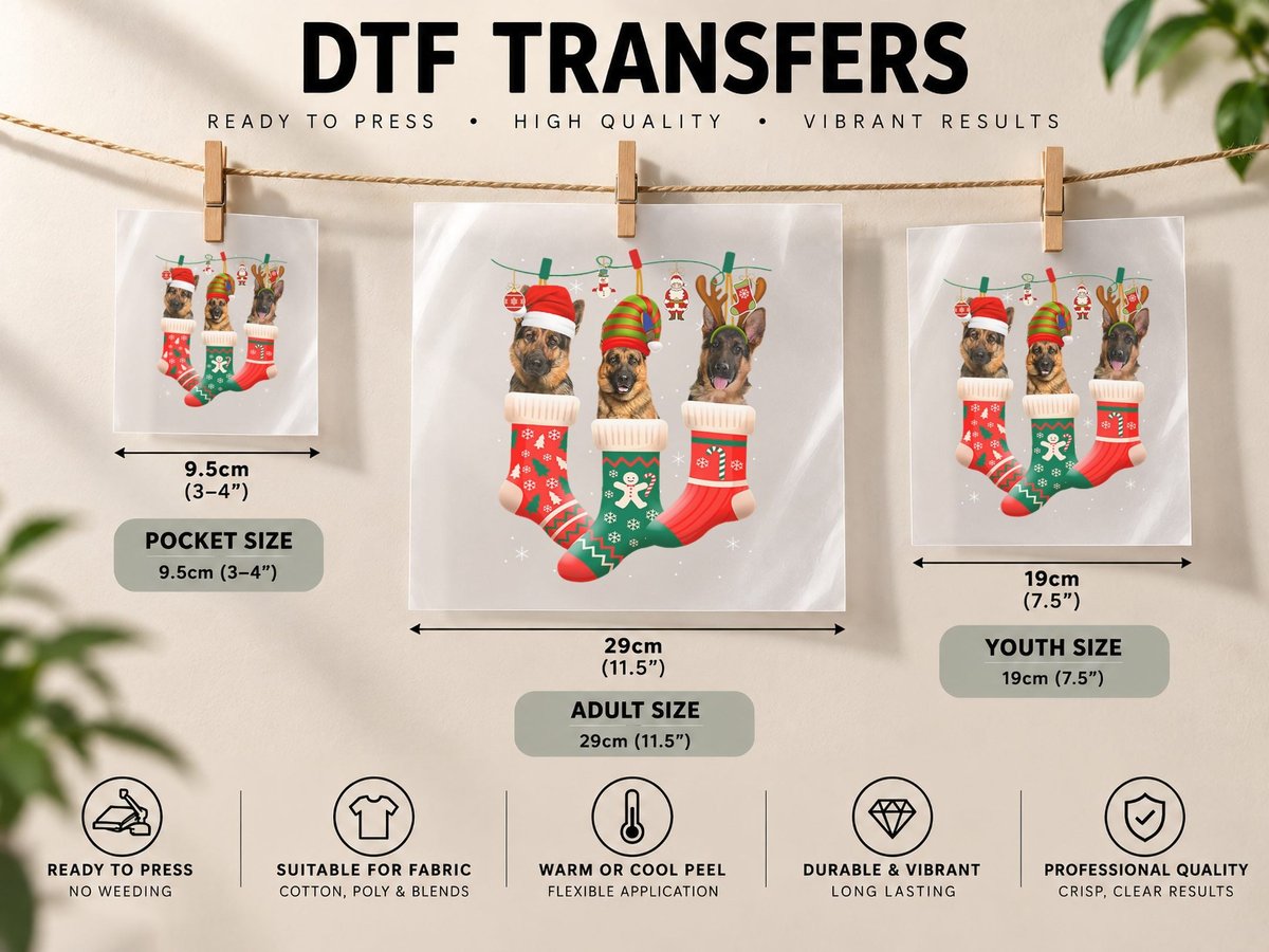 Christmas German Shepherd Sock Xmas Reindeer Santa ELF Dog DTF Transfer Iron On