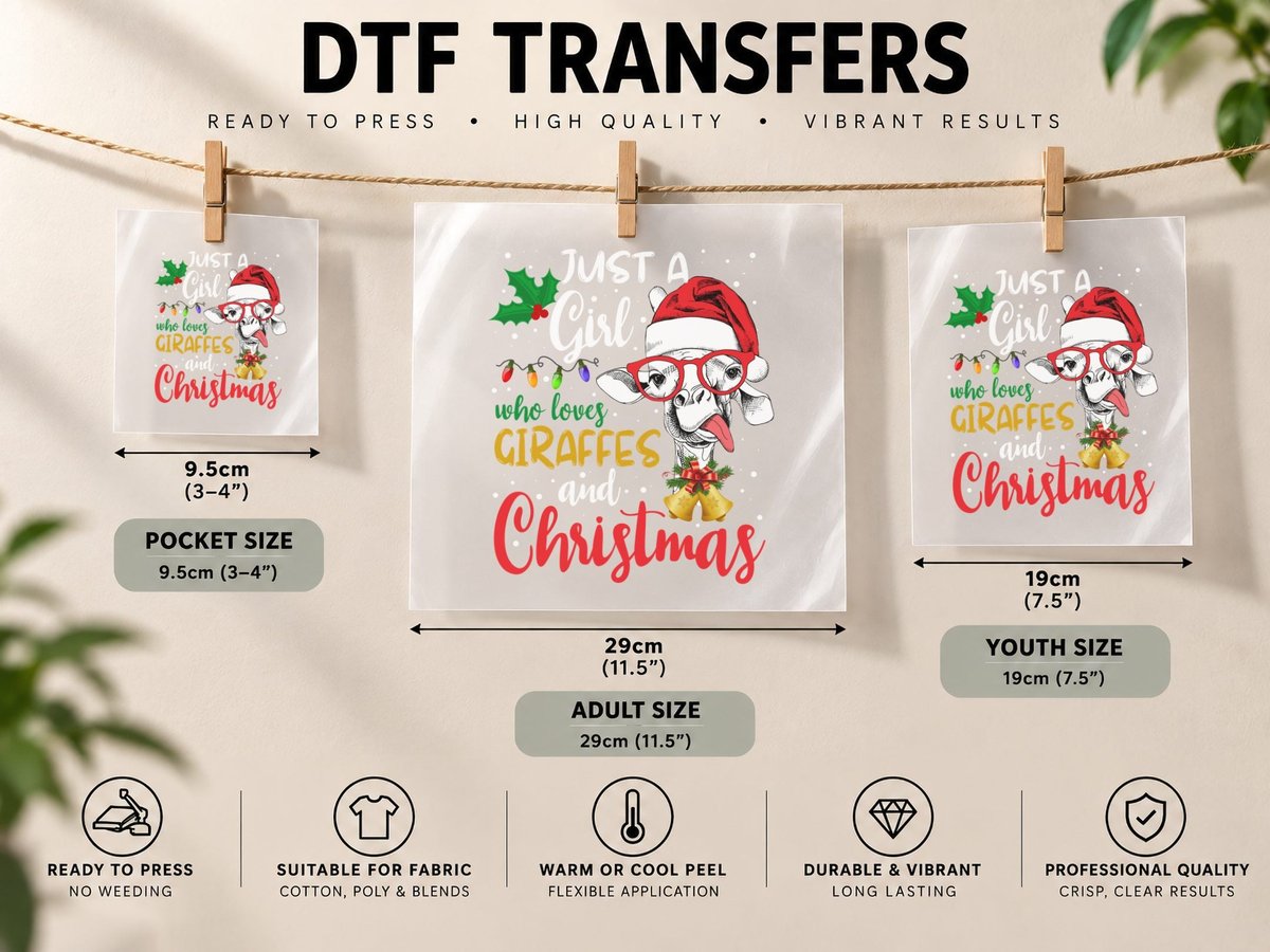 Christmas Giraffe, Festive Animal Print, Holiday Pet Lover DTF Transfer Iron On
