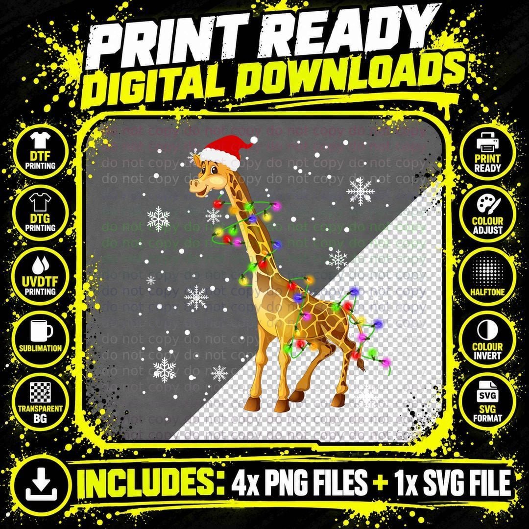 Christmas Giraffe T-Shirt, Festive Holiday Print Png SVG Digital Bundle