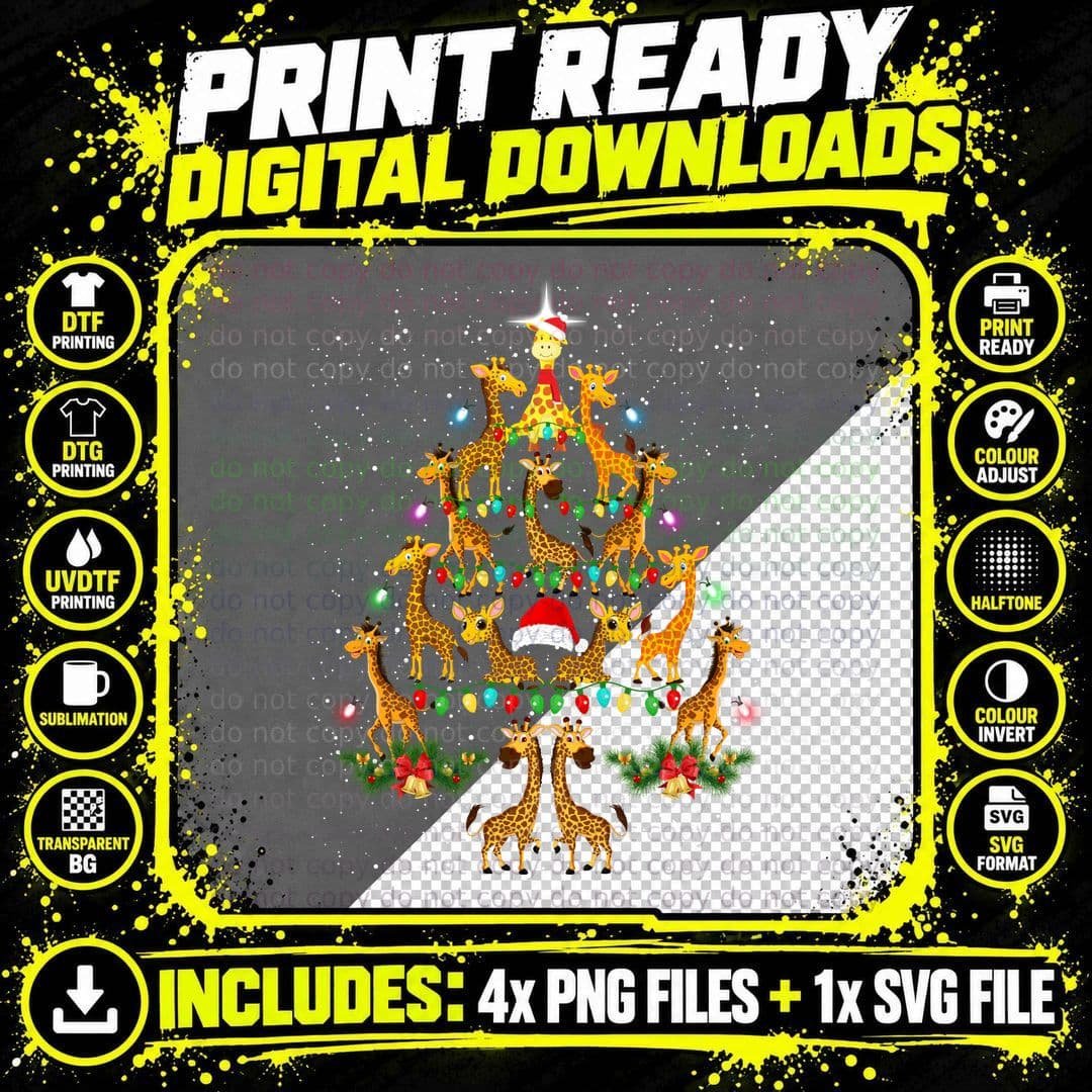 Christmas Giraffe Tree T-Shirt, Festive Holiday Print Png SVG Digital Bundle
