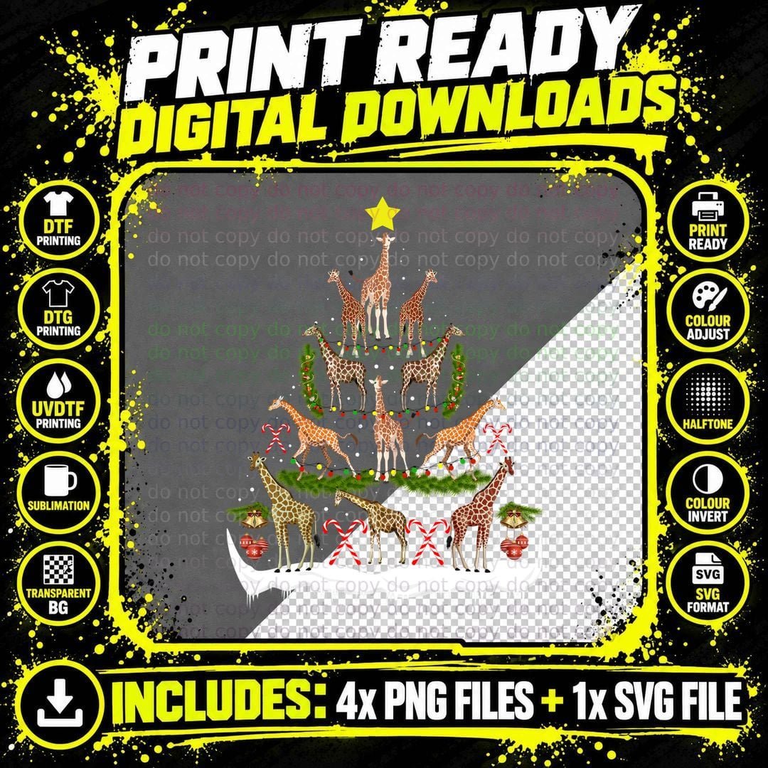 Christmas Giraffe Tree T-Shirt, Festive Wildlife Print Png SVG Digital Bundle