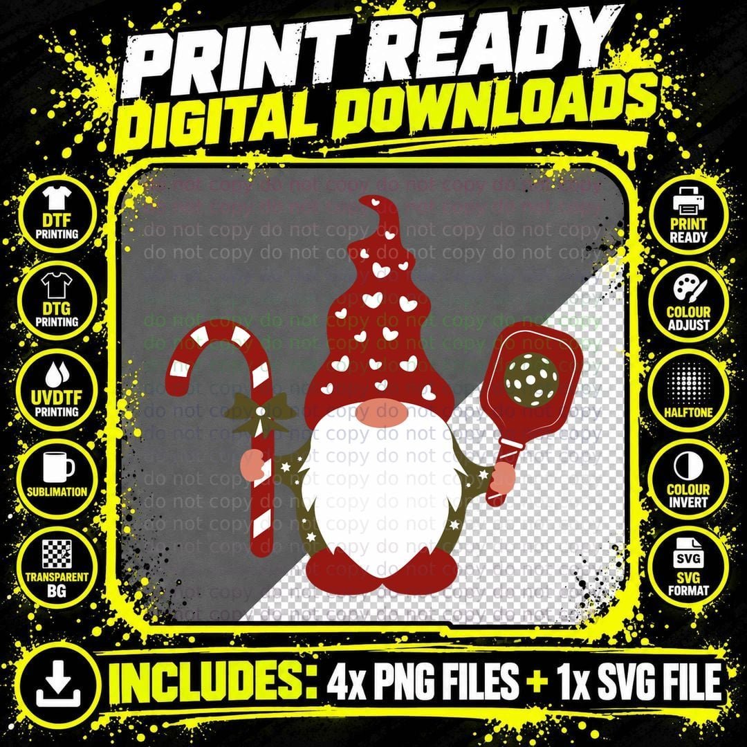 Christmas Gnome with Candy Cane & Pickleball Png SVG Digital Bundle