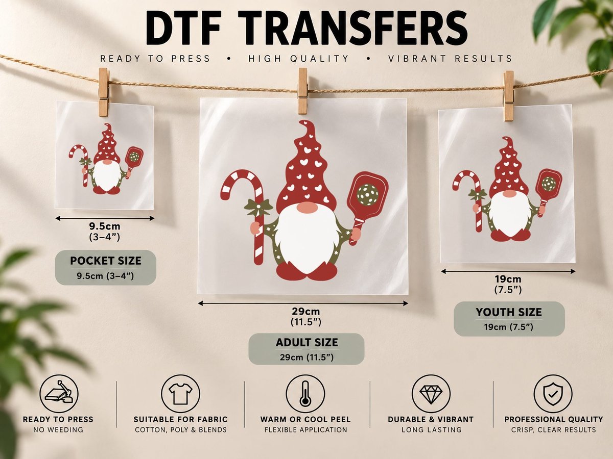 Christmas Gnome with Candy Cane & Pickleball, Xmas Present DTF Transfer Iron On