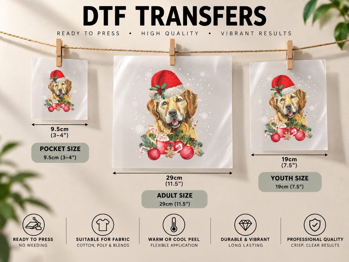 Christmas Golden Retriever, Festive Pet Design DTF Transfer Iron On