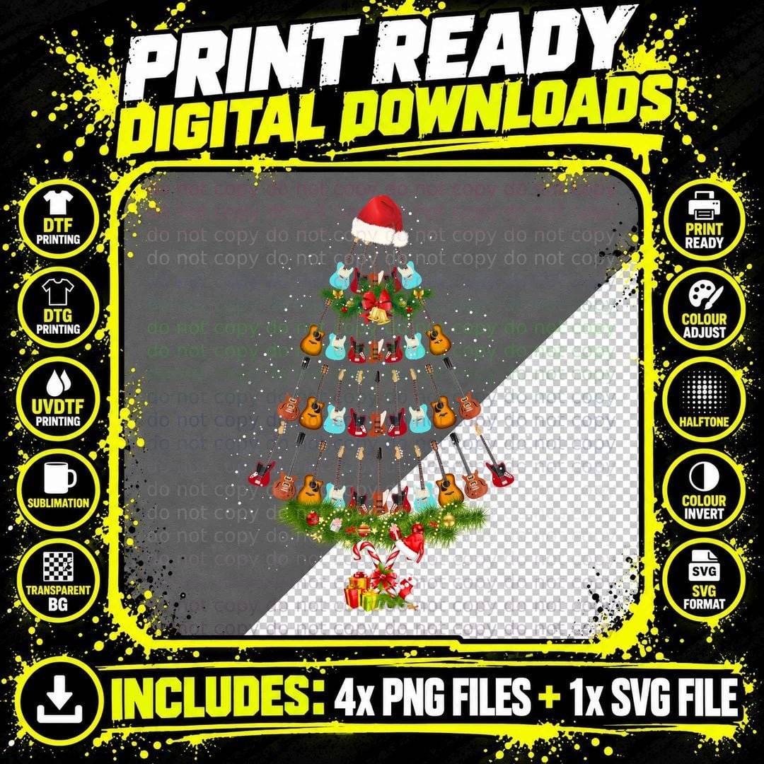Christmas Guitar Tree T-Shirt, Festive Music Theme Png SVG Digital Bundle