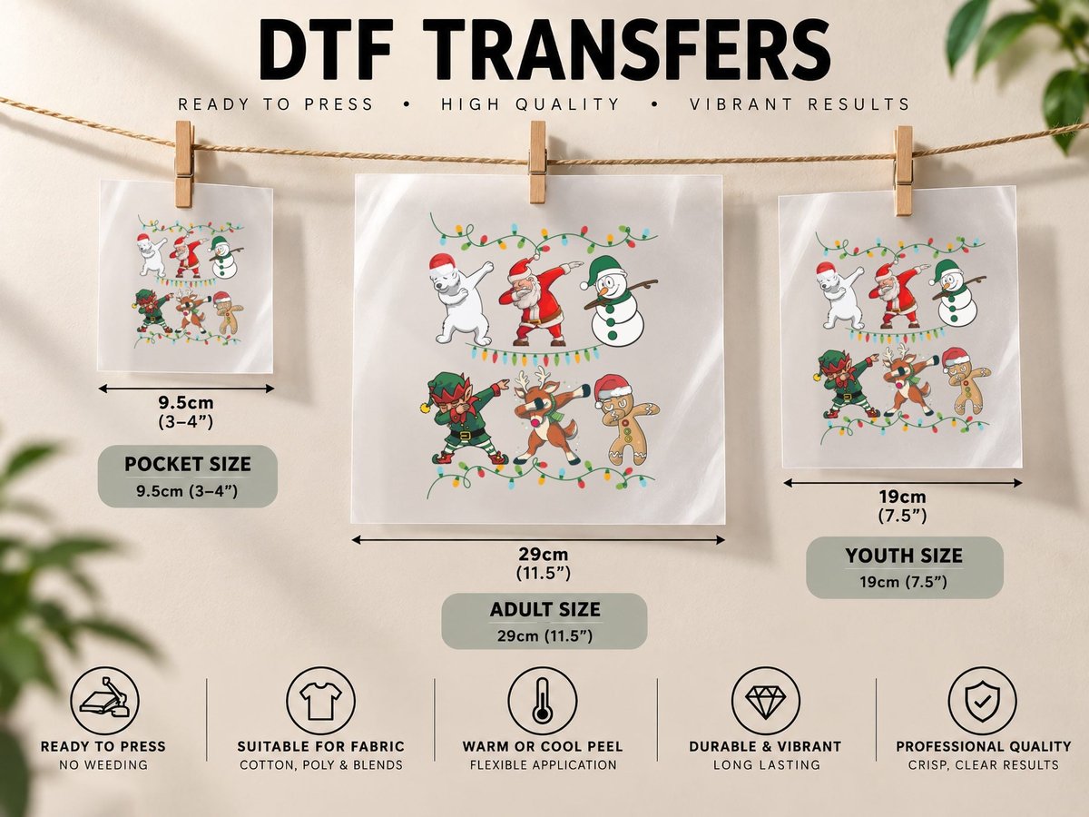 Christmas Holiday Dabbing Characters, Festive Holiday Style DTF Transfer Iron On