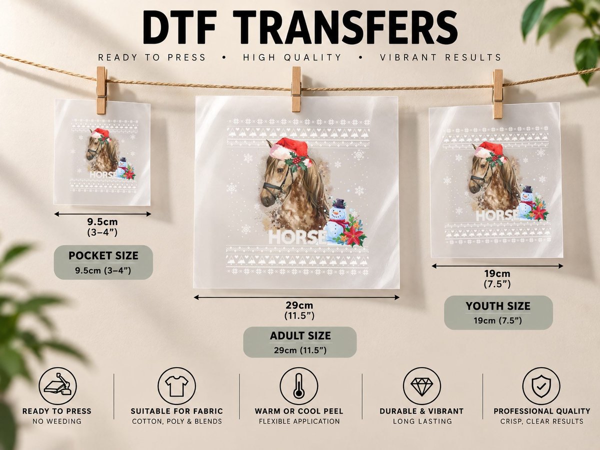 Christmas Horse, Festive Santa Hat Design DTF Transfer Iron On