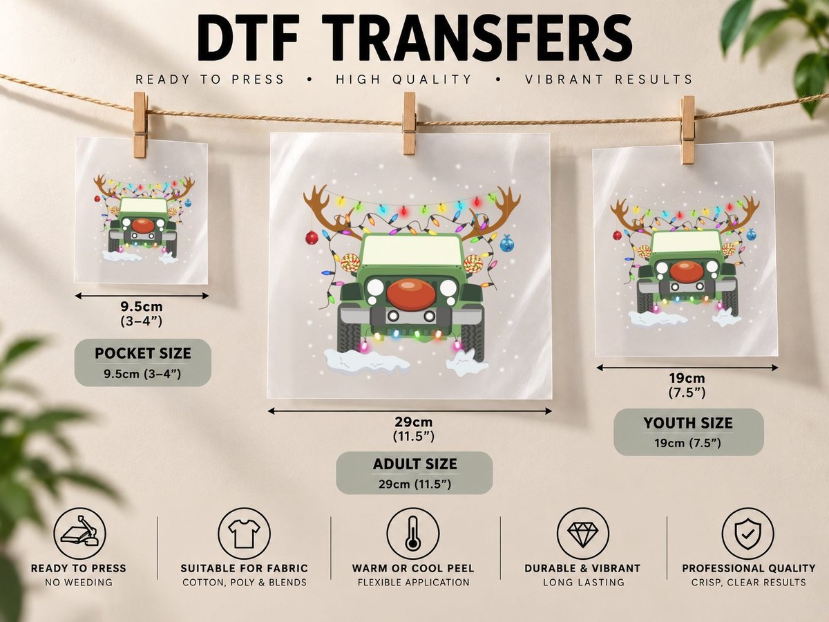Christmas Jeep, Festive Holiday Print DTF Transfer Iron On