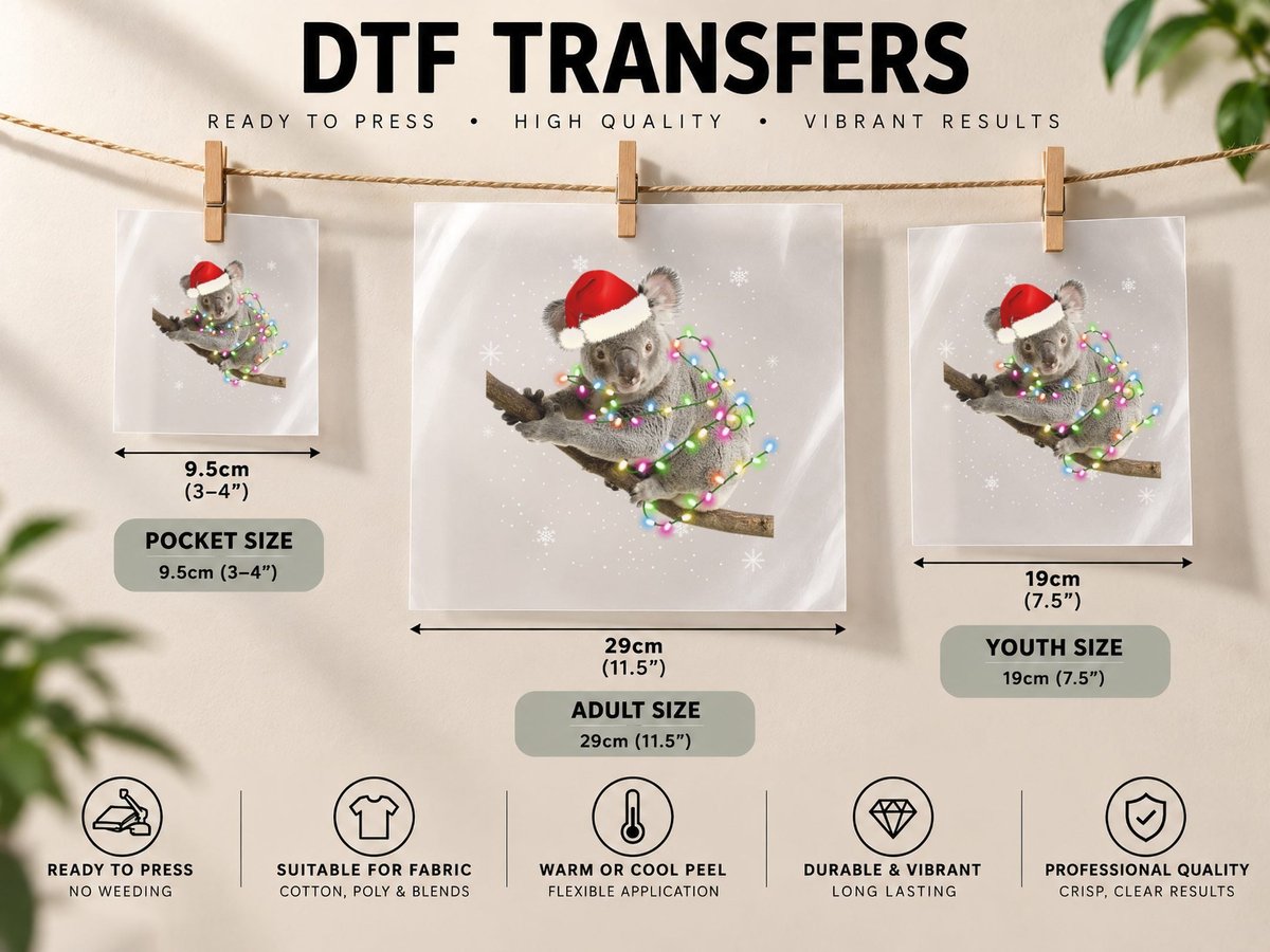 Christmas Koala, Festive Animal Design, Pet Lover DTF Transfer Iron On