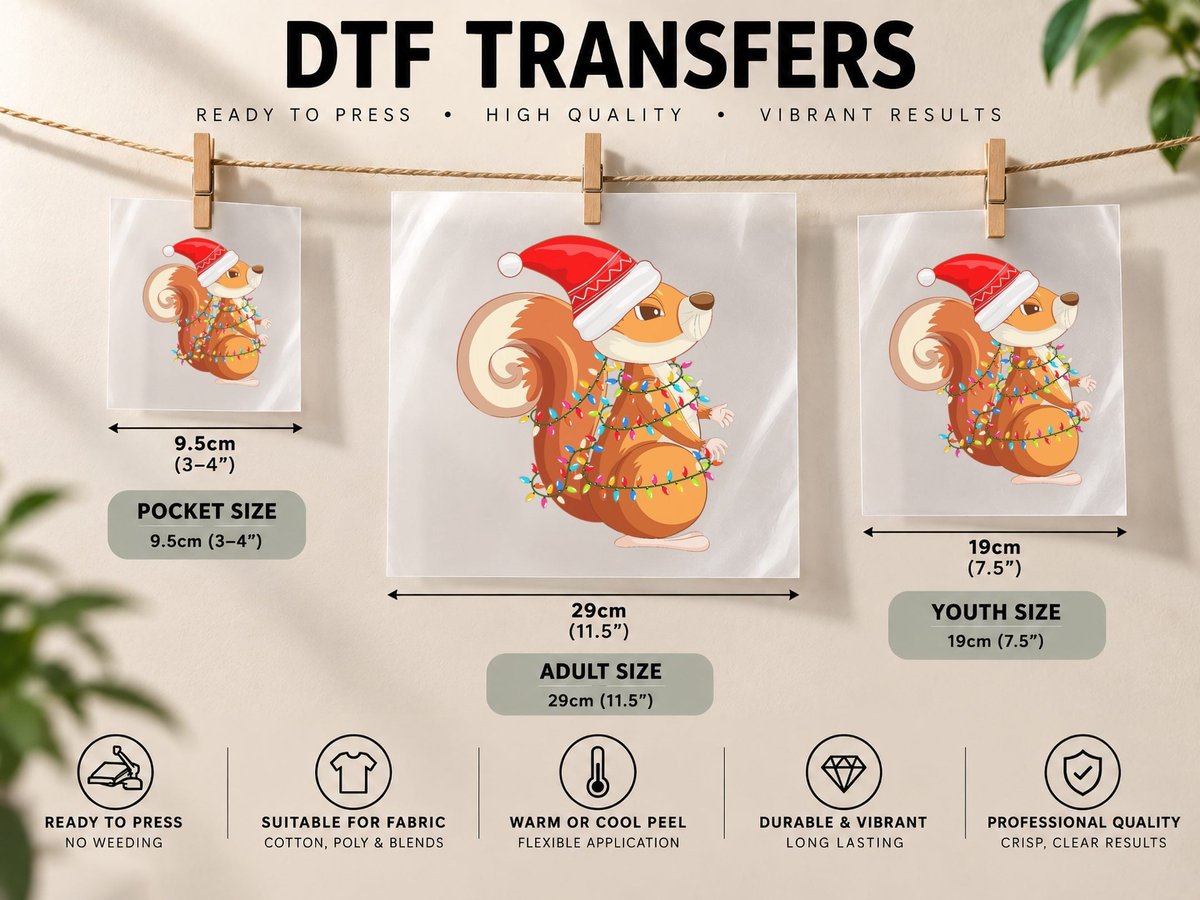 Christmas Lights Squirrel Wearing Xmas Hat - Squirrel Lover DTF Transfer Iron On