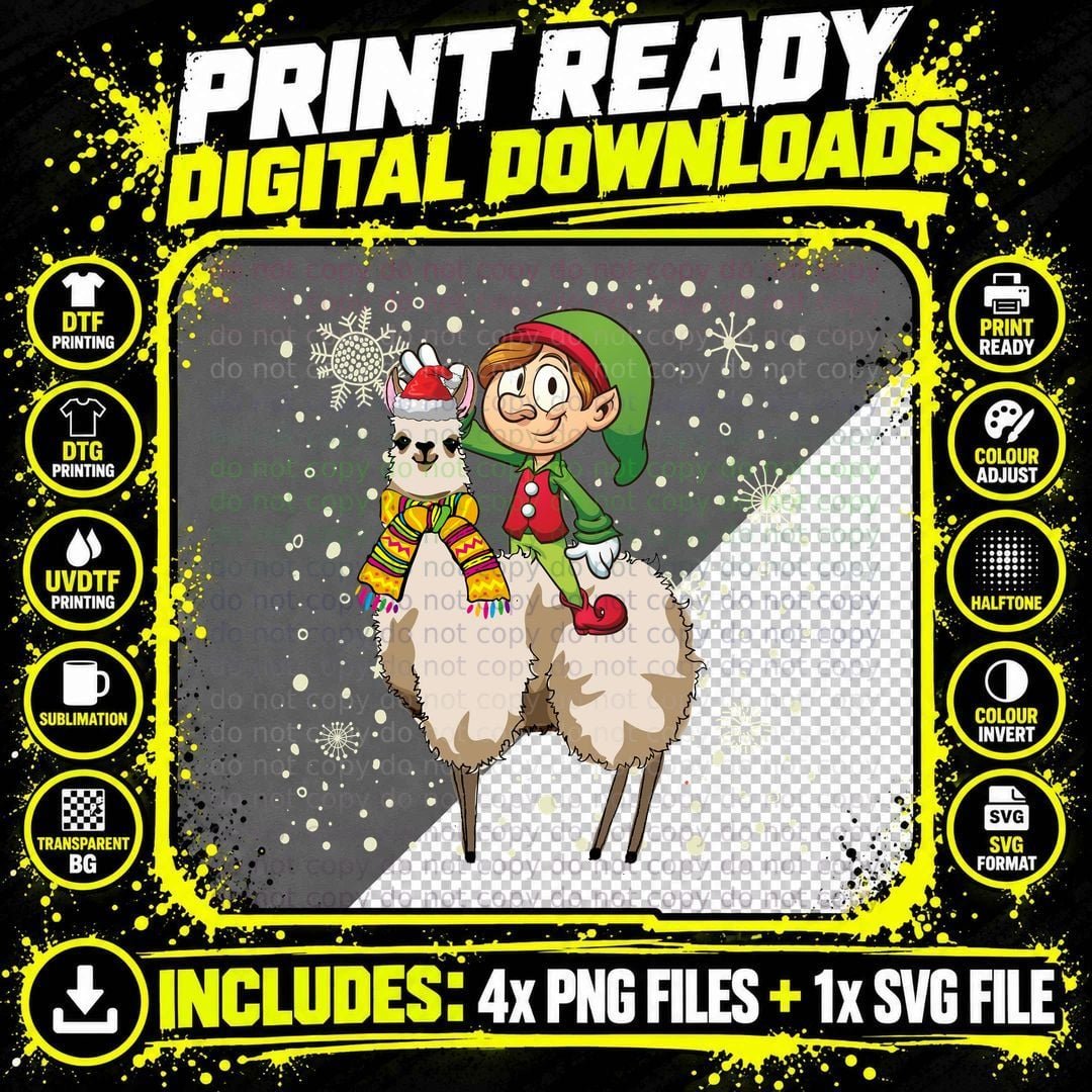 Christmas Llama Elf T-Shirt, Festive Holiday Print Png SVG Digital Bundle