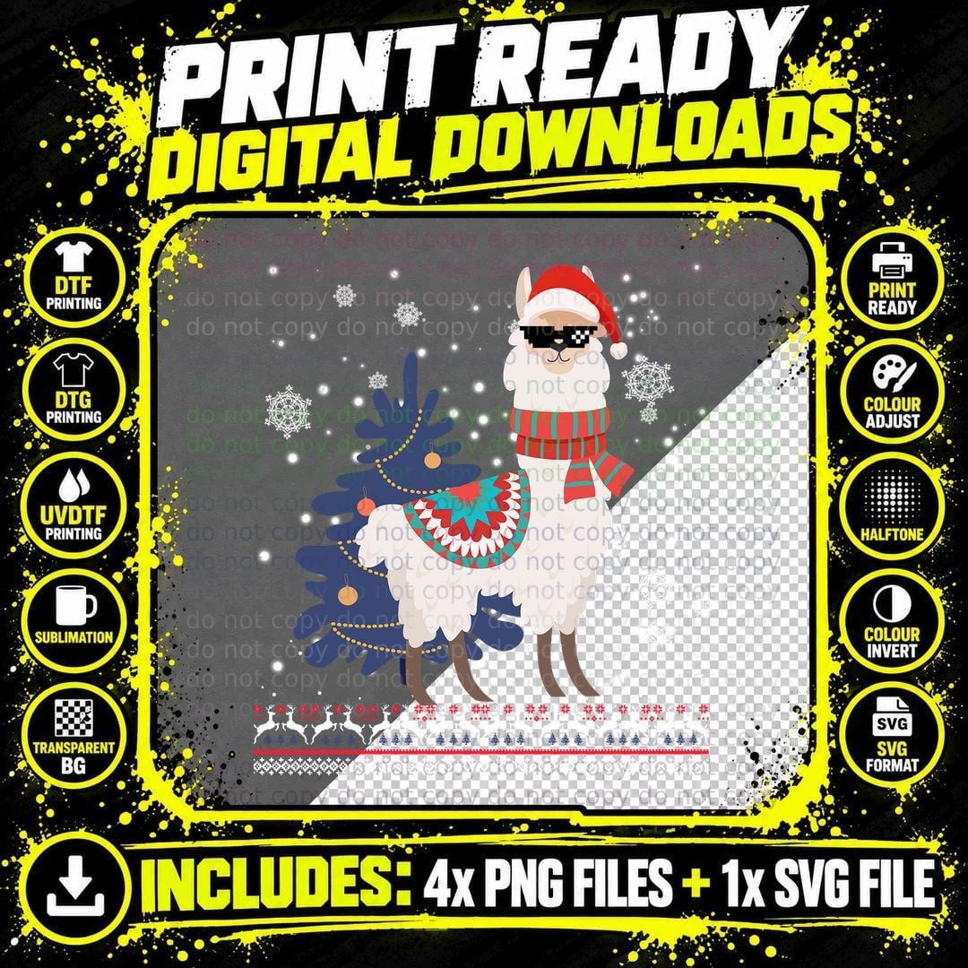 Christmas Llama T-Shirt, Festive Holiday Print Png SVG Digital Bundle