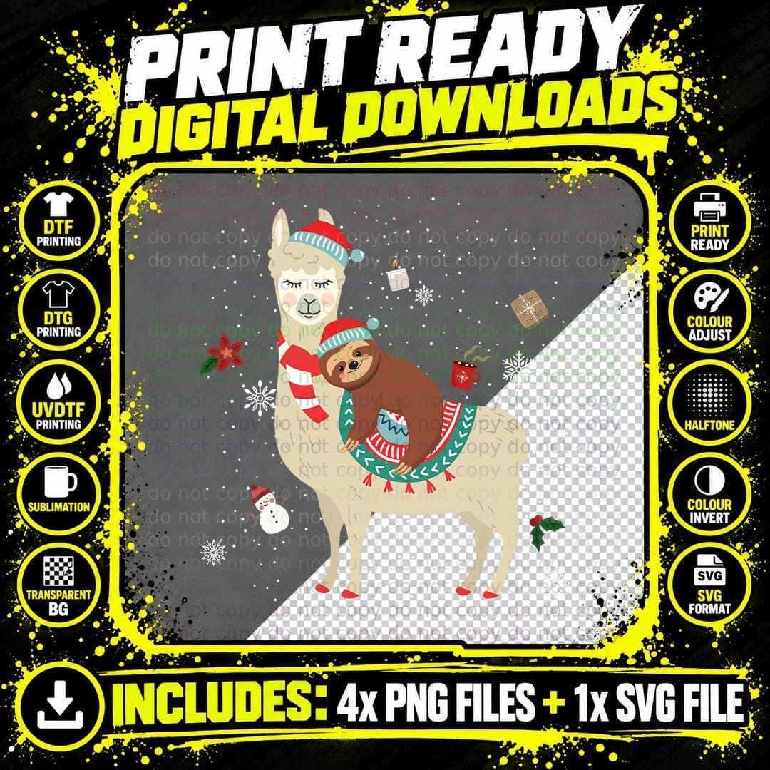 Christmas Llama and Sloth T-Shirt, Festive Holiday Theme Png SVG Digital Bundle