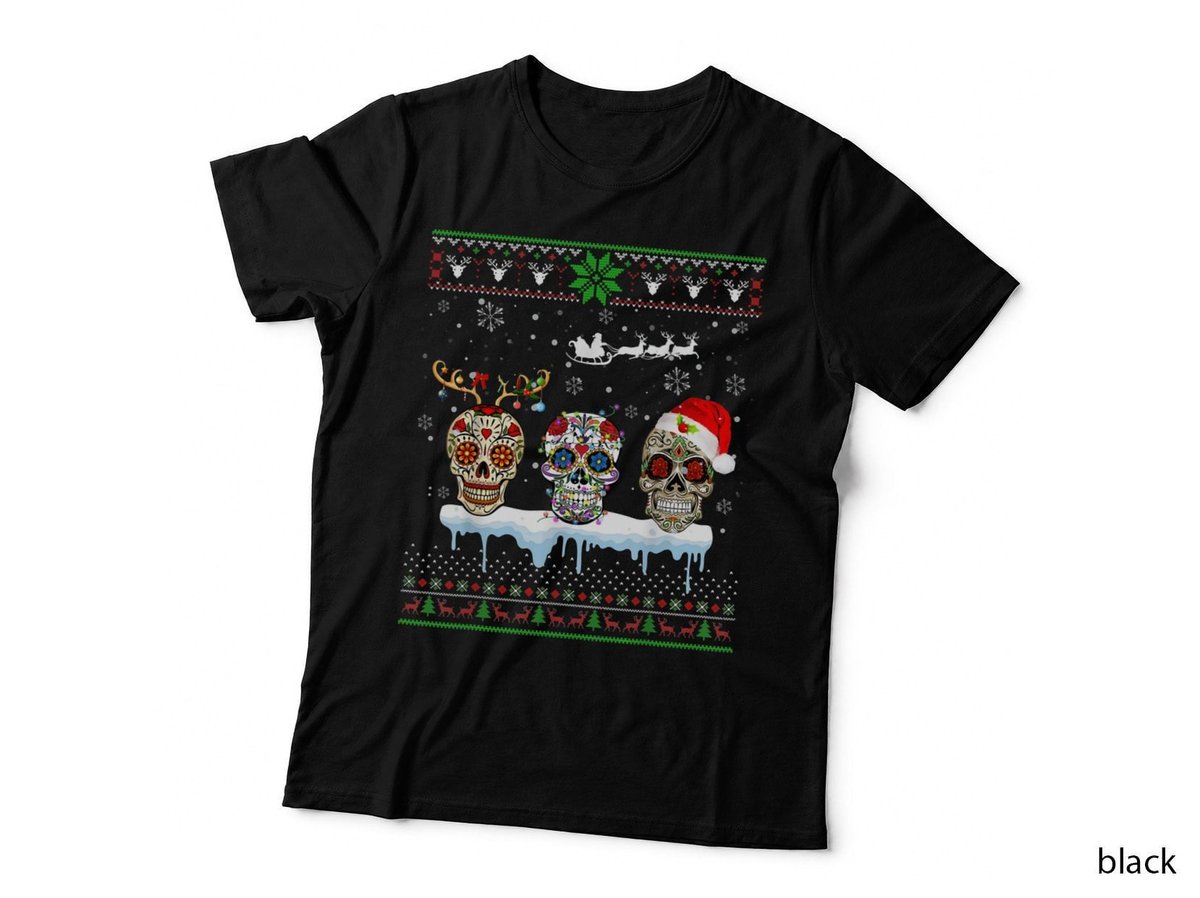 Christmas Mexican Flower Sugar Skull Santa Ugly Sweater Pullover Hoodie T-Shirt