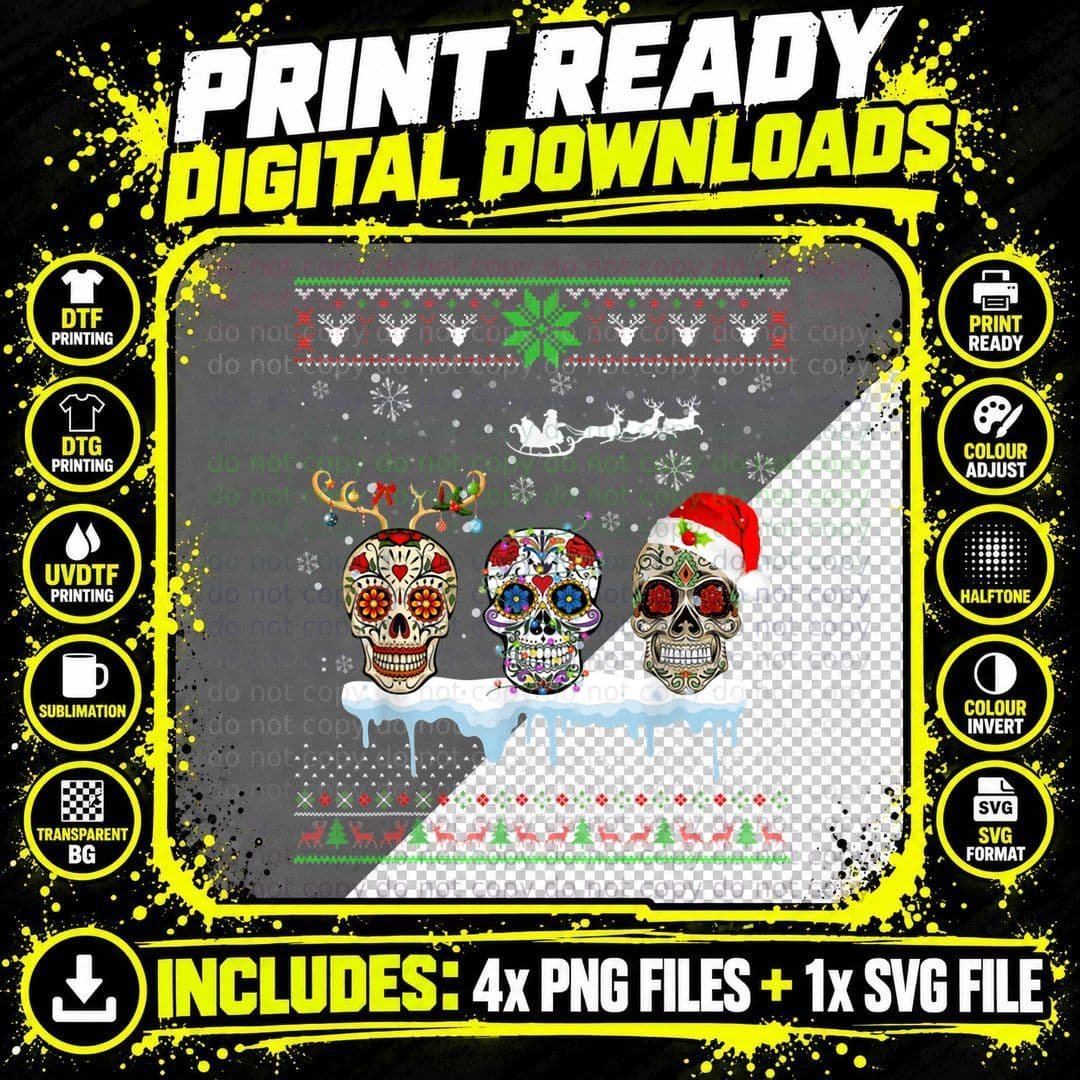 Christmas Mexican Flower Sugar Skull Santa Ugly Sweater Png SVG Digital Bundle