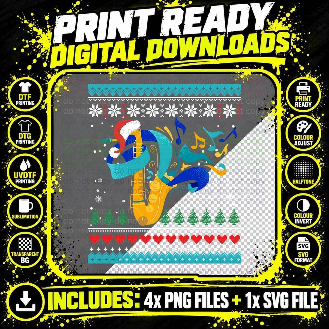 Christmas Music Saxophone T-Shirt, Festive Jazz Style Png SVG Digital Bundle
