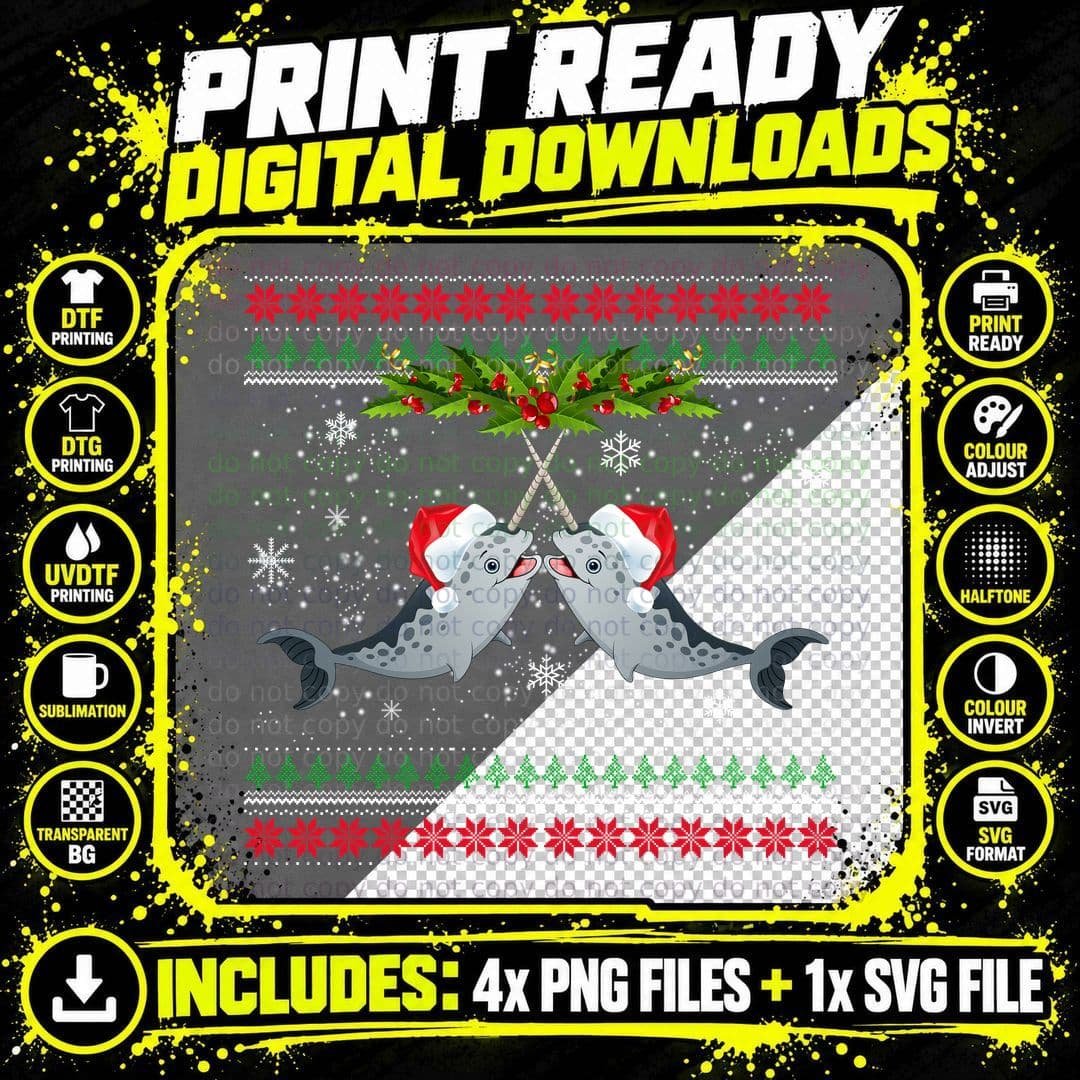 Christmas Narwhal T-Shirt, Festive Santa Hat Design Png SVG Digital Bundle