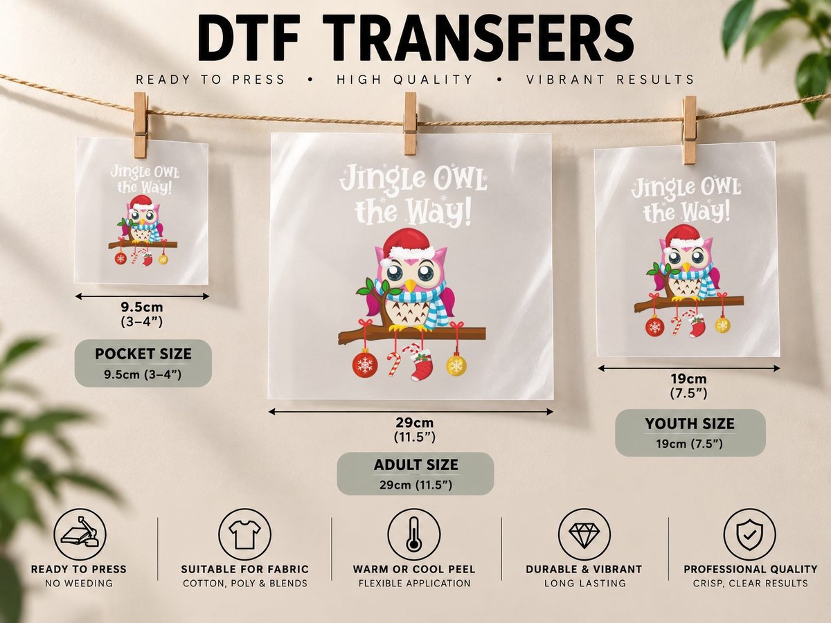 Christmas Owl, Festive Holiday Design, Pet Lover DTF Transfer Iron On