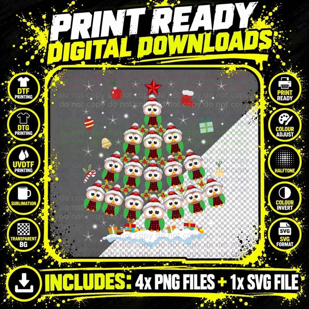 Christmas Owl Tree T-Shirt, Festive Holiday Print Png SVG Digital Bundle