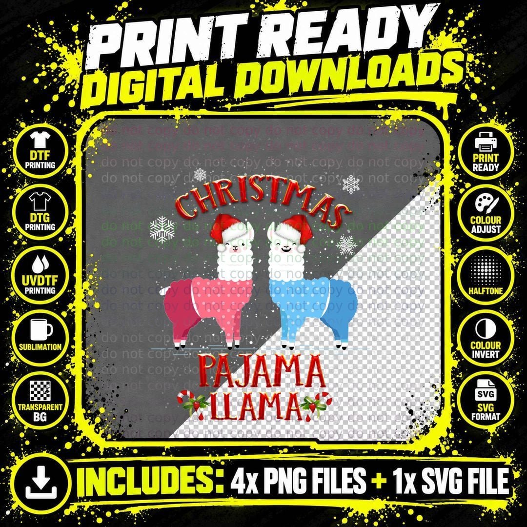 Christmas Pajama Llama T-Shirt, Festive Holiday Print Png SVG Digital Bundle