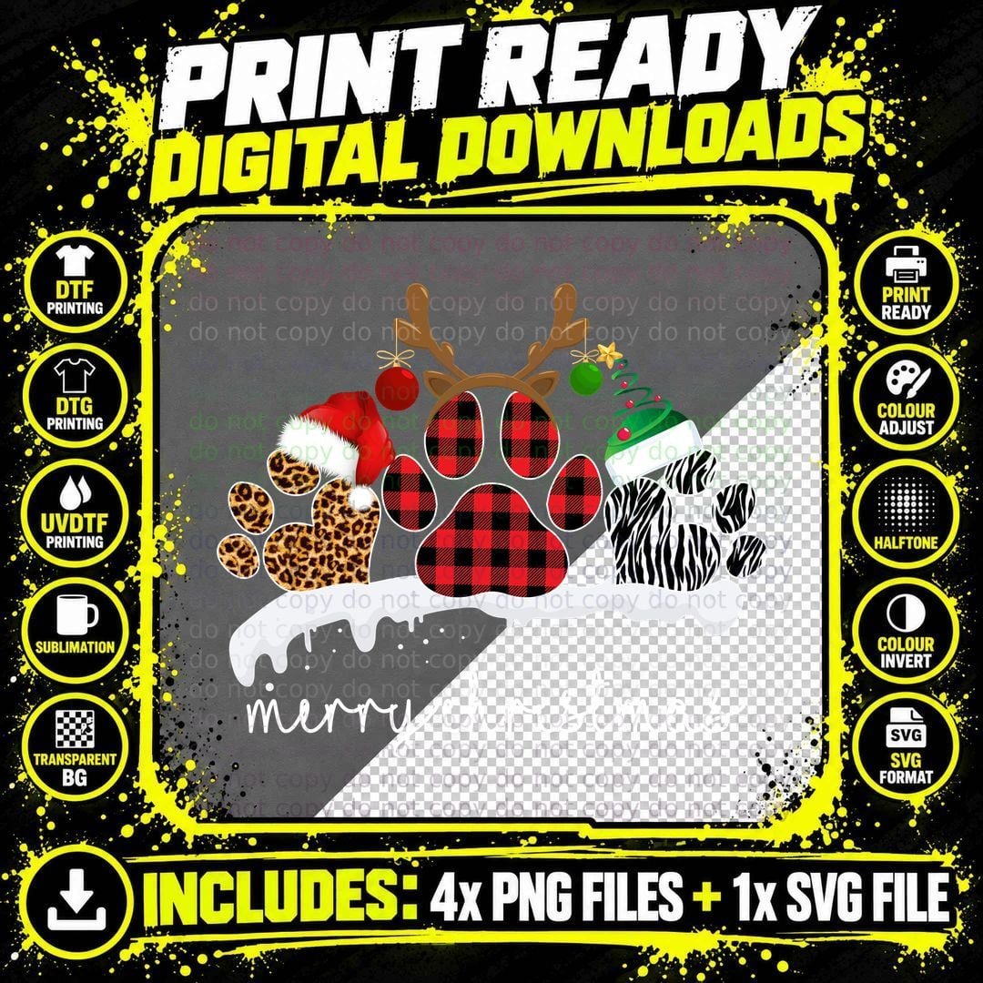 Christmas Paw Prints T-Shirt, Buffalo Plaid Style Png SVG Digital Bundle
