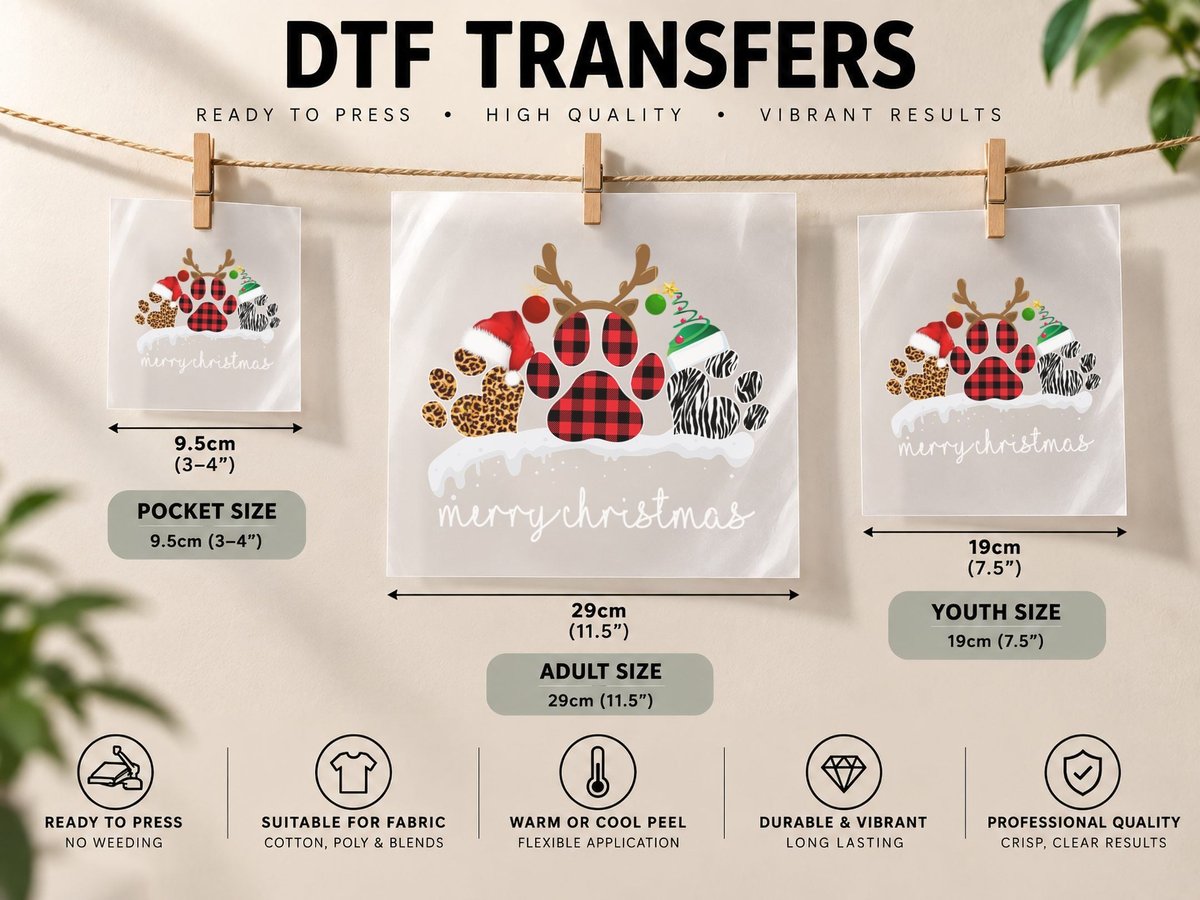 Christmas Paw Prints, Buffalo Plaid Style, Pet Lover DTF Transfer Iron On