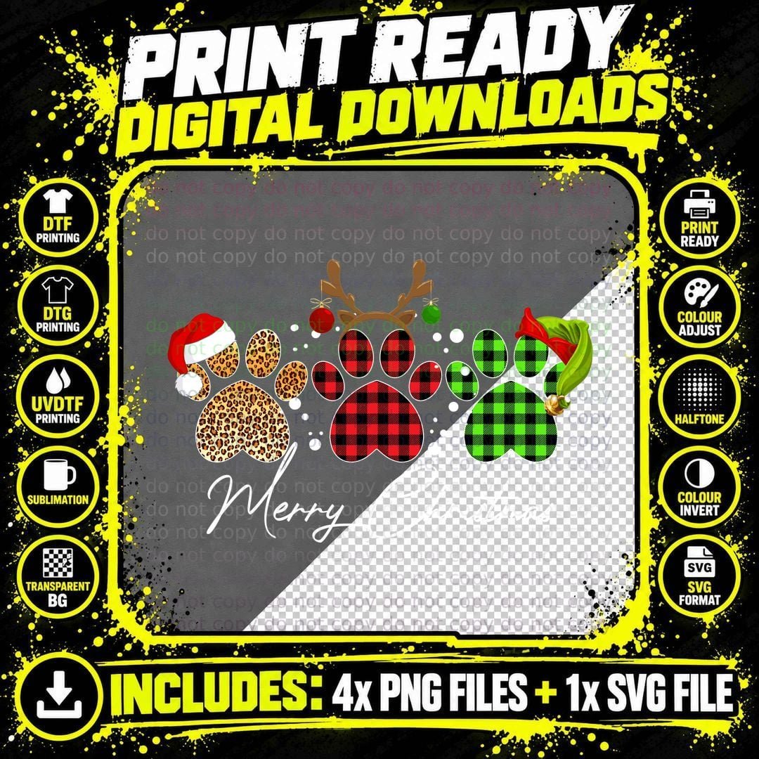 Christmas Paw Prints T-Shirt, Festive Plaid Design Png SVG Digital Bundle