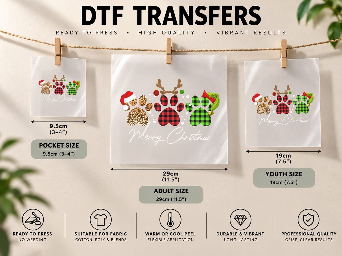 Christmas Paw Prints, Festive Plaid Design, Pet Lover DTF Transfer Iron On