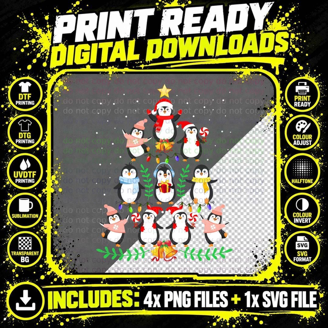 Christmas Penguin Tree T-Shirt, Festive Holiday Style Png SVG Digital Bundle