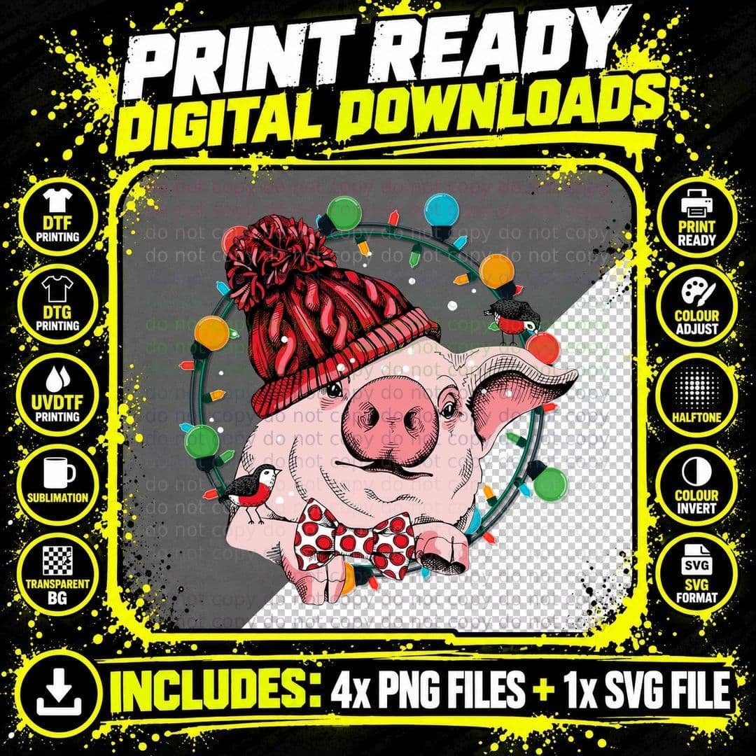 Christmas Pig T-Shirt, Festive Holiday Design Png SVG Digital Bundle