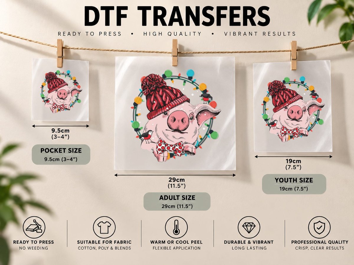 Christmas Pig, Festive Holiday Design, Pet Lover DTF Transfer Iron On