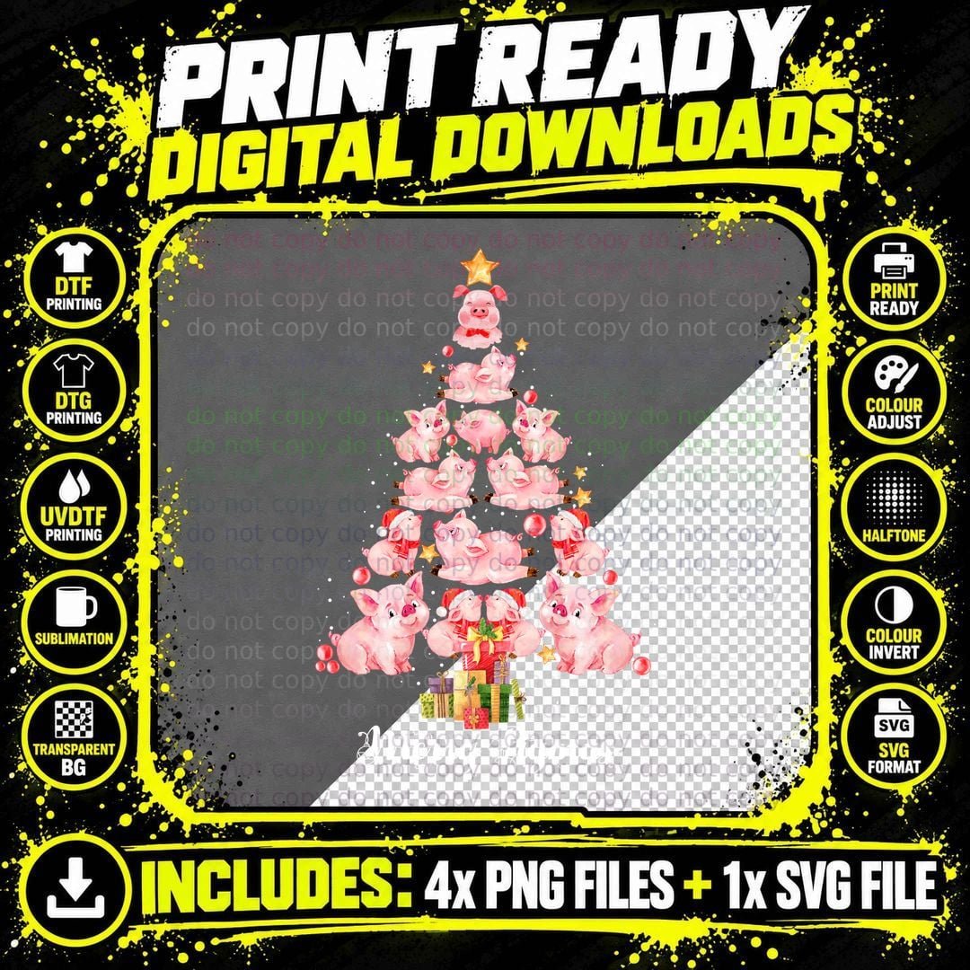 Christmas Pig Tree T-Shirt, Festive Holiday Print Png SVG Digital Bundle