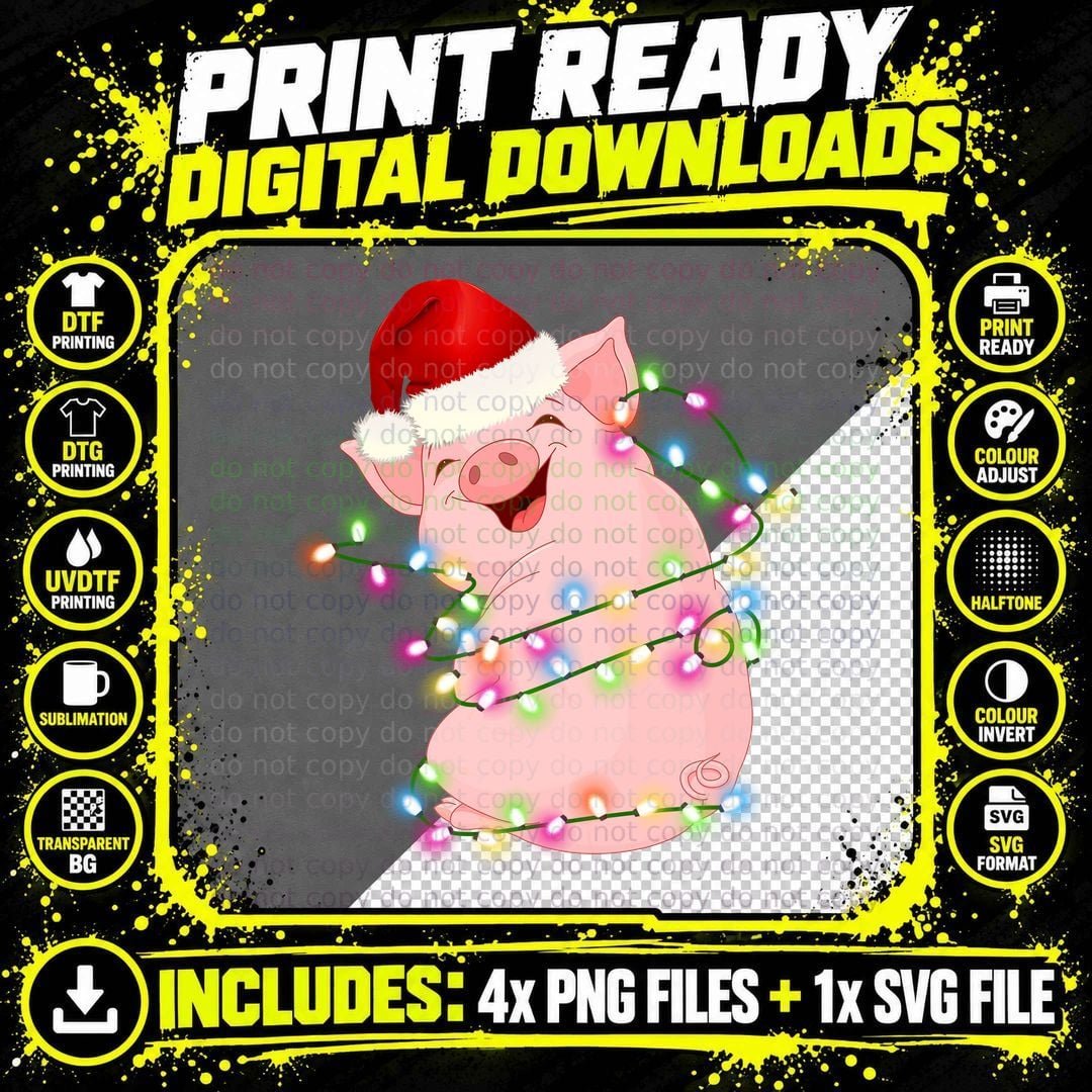 Christmas Pig with Lights T-Shirt, Festive Holiday Theme Png SVG Digital Bundle