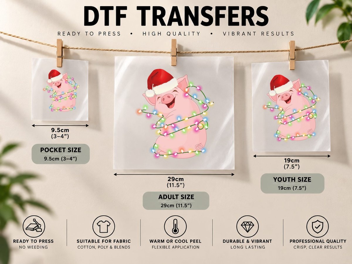 Christmas Pig with Lights, Festive Holiday Theme, Pet Lover DTF Transfer Iron On