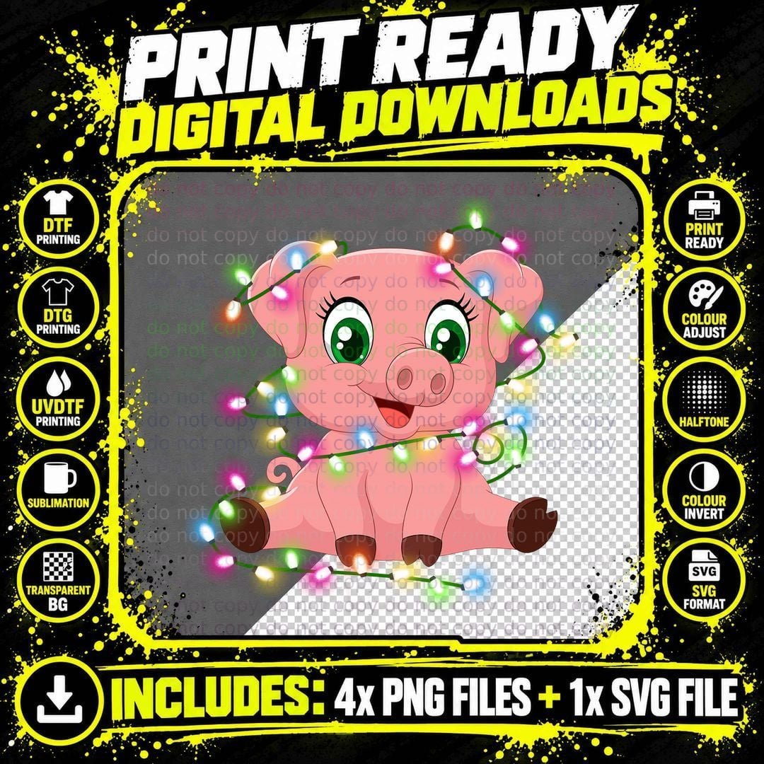 Christmas Piggy T-Shirt, Festive Holiday Lights Png SVG Digital Bundle