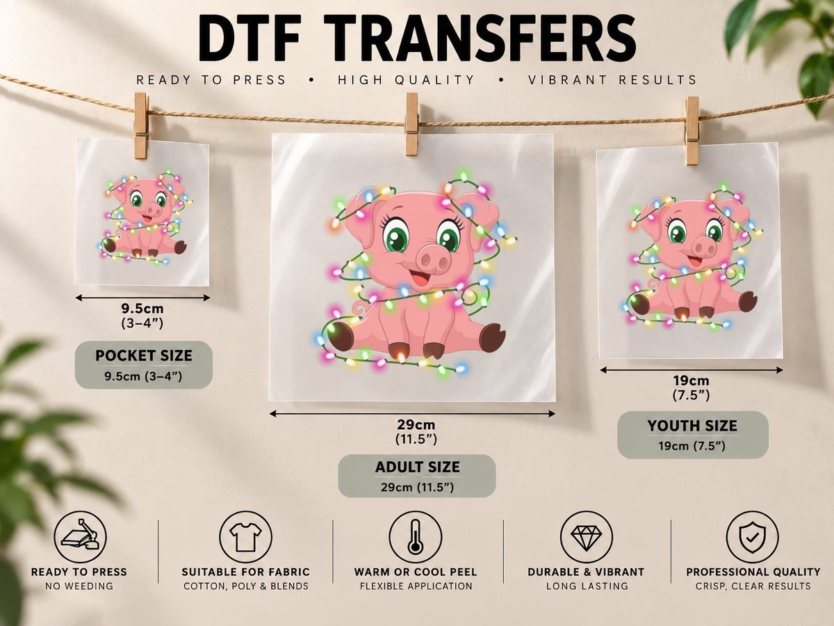 Christmas Piggy, Festive Holiday Lights, Pet Lover DTF Transfer Iron On
