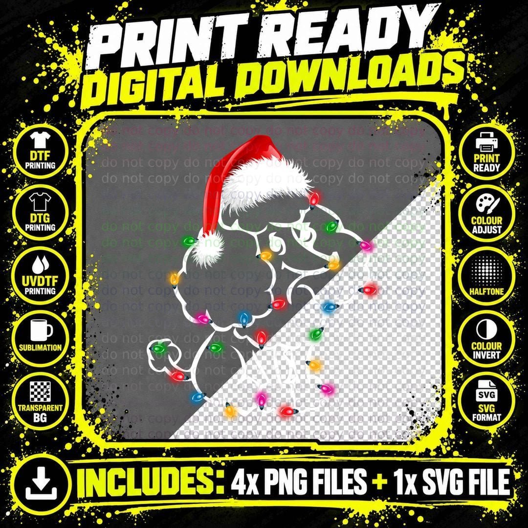 Christmas Poodle T-Shirt, Festive Holiday Lights Png SVG Digital Bundle
