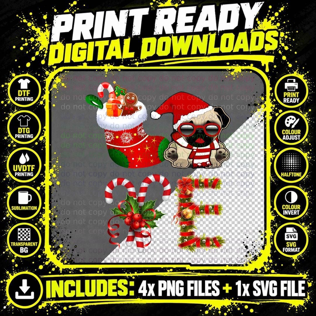 Christmas Pug T-Shirt, Festive Holiday Style Png SVG Digital Bundle