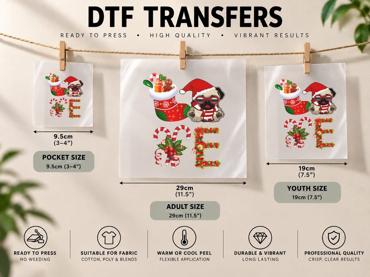 Christmas Pug, Festive Holiday Style, Pet Lover DTF Transfer Iron On
