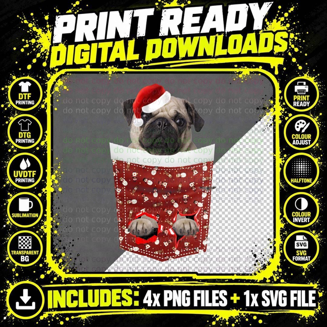 Christmas Pug in Stocking T-Shirt, Festive Holiday Png SVG Digital Bundle