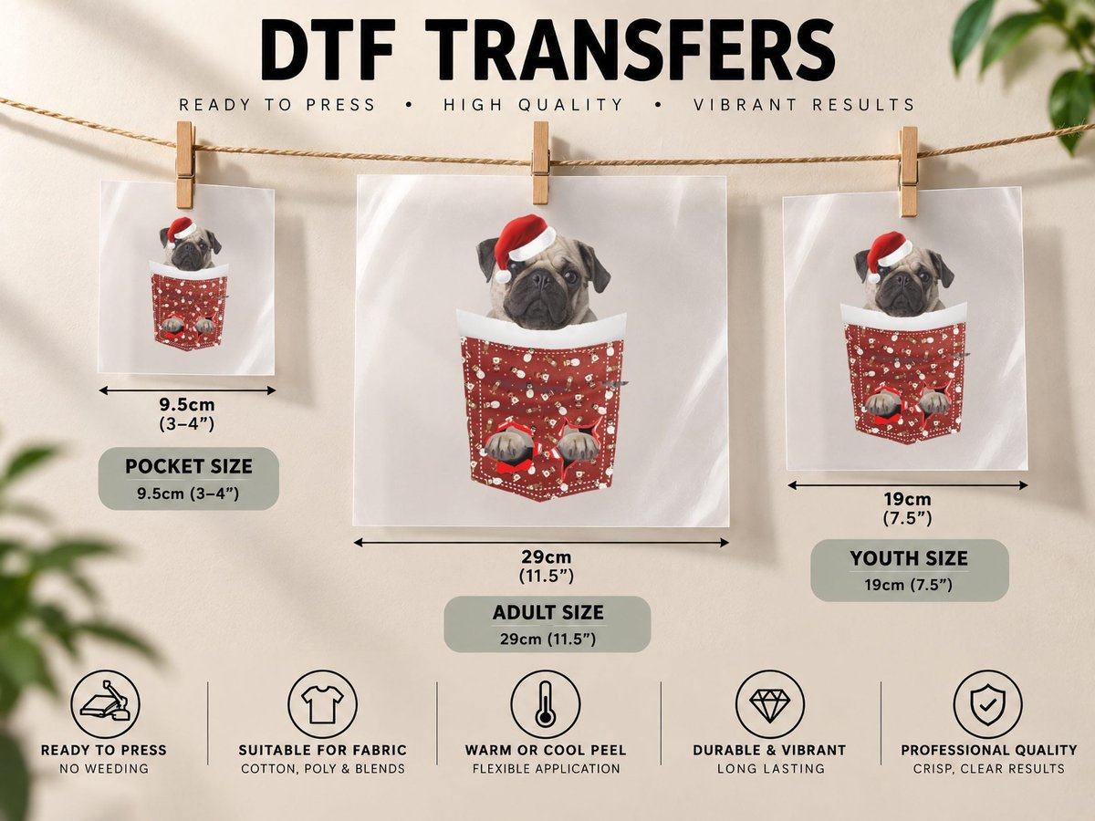 Christmas Pug in Stocking, Festive Holiday Design DTF Transfer Iron On