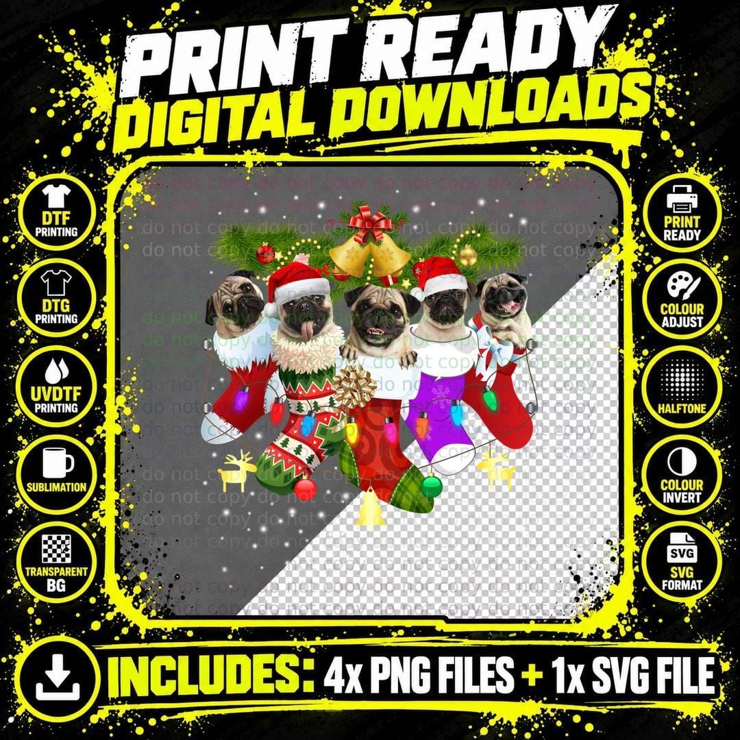 Christmas Pugs in Stockings T-Shirt Png SVG Digital Bundle