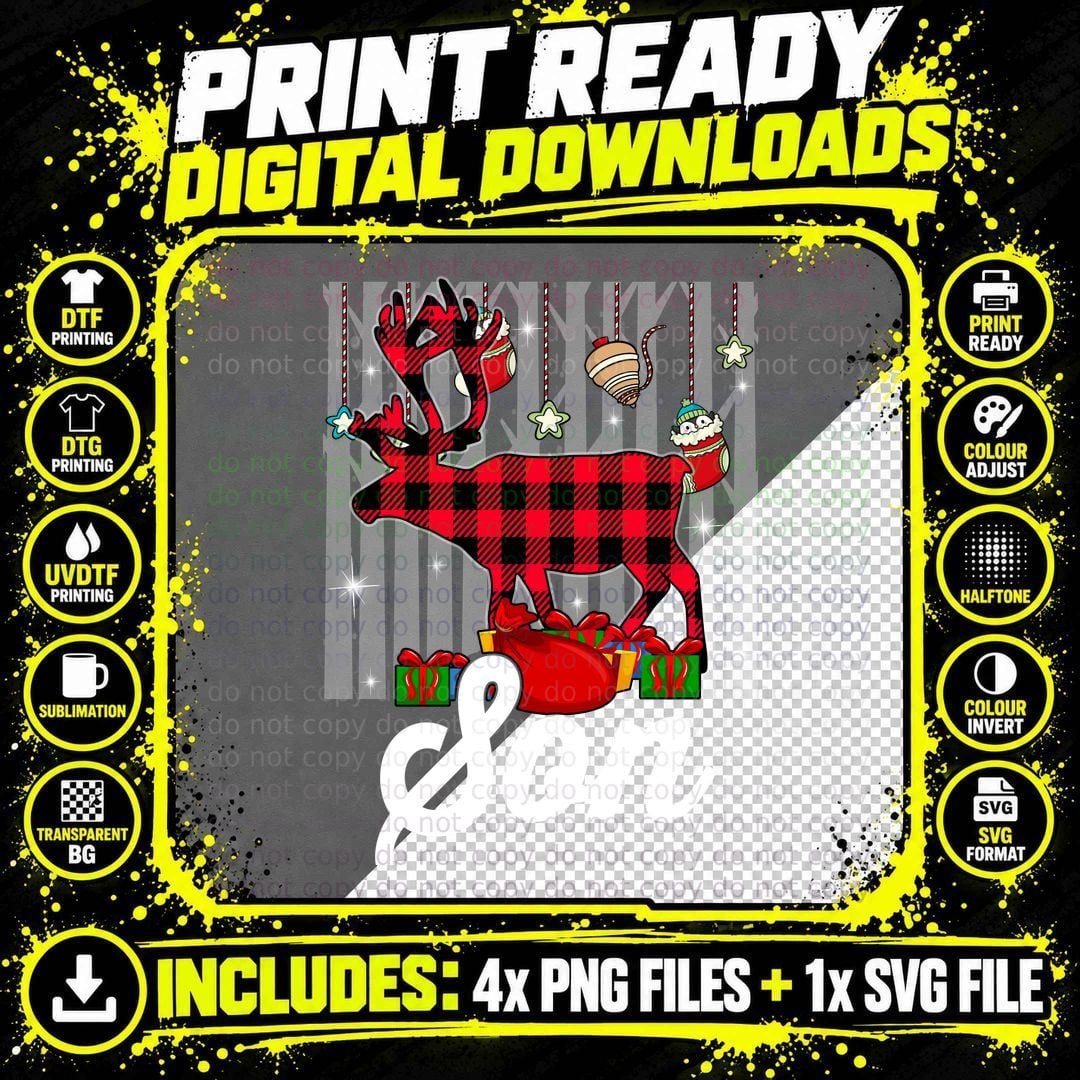 Christmas Reindeer T-Shirt, Buffalo Plaid Style Png SVG Digital Bundle