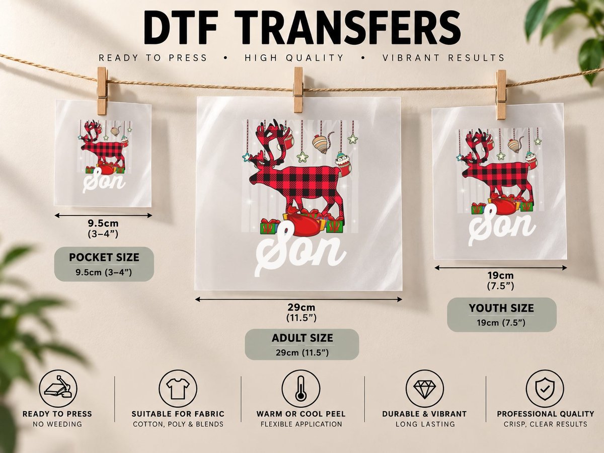 Christmas Reindeer, Buffalo Plaid Style DTF Transfer Iron On