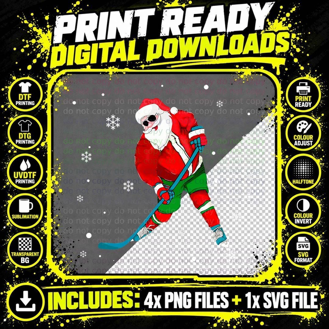 Christmas Santa Claus Player Ice Hockey Funny for Men Png SVG Digital Bundle