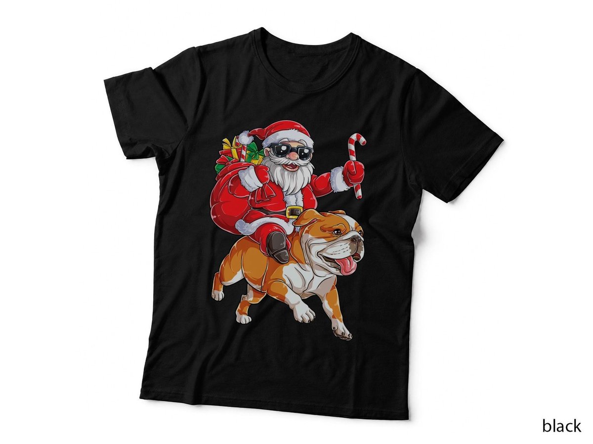 Christmas Santa Claus Riding English Bulldog Xmas Boys Dog T-Shirt