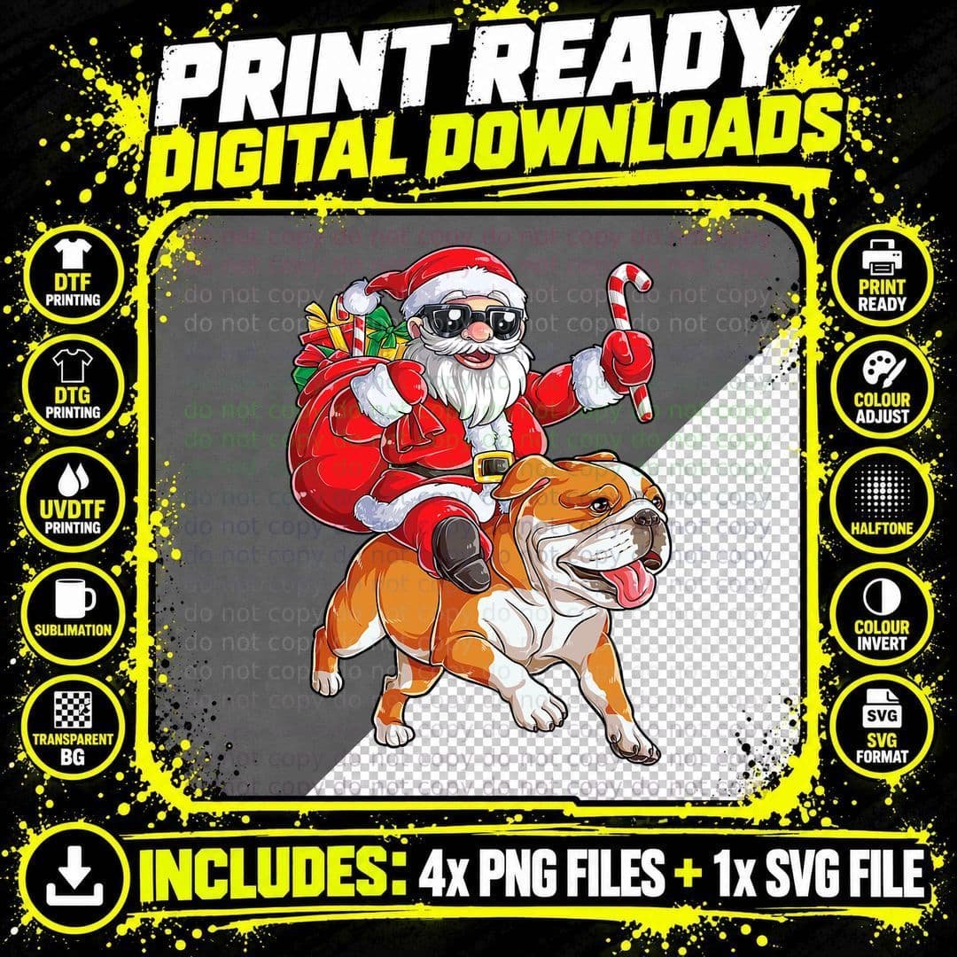 Christmas Santa Claus Riding English Bulldog Xmas Boys Png SVG Digital Bundle