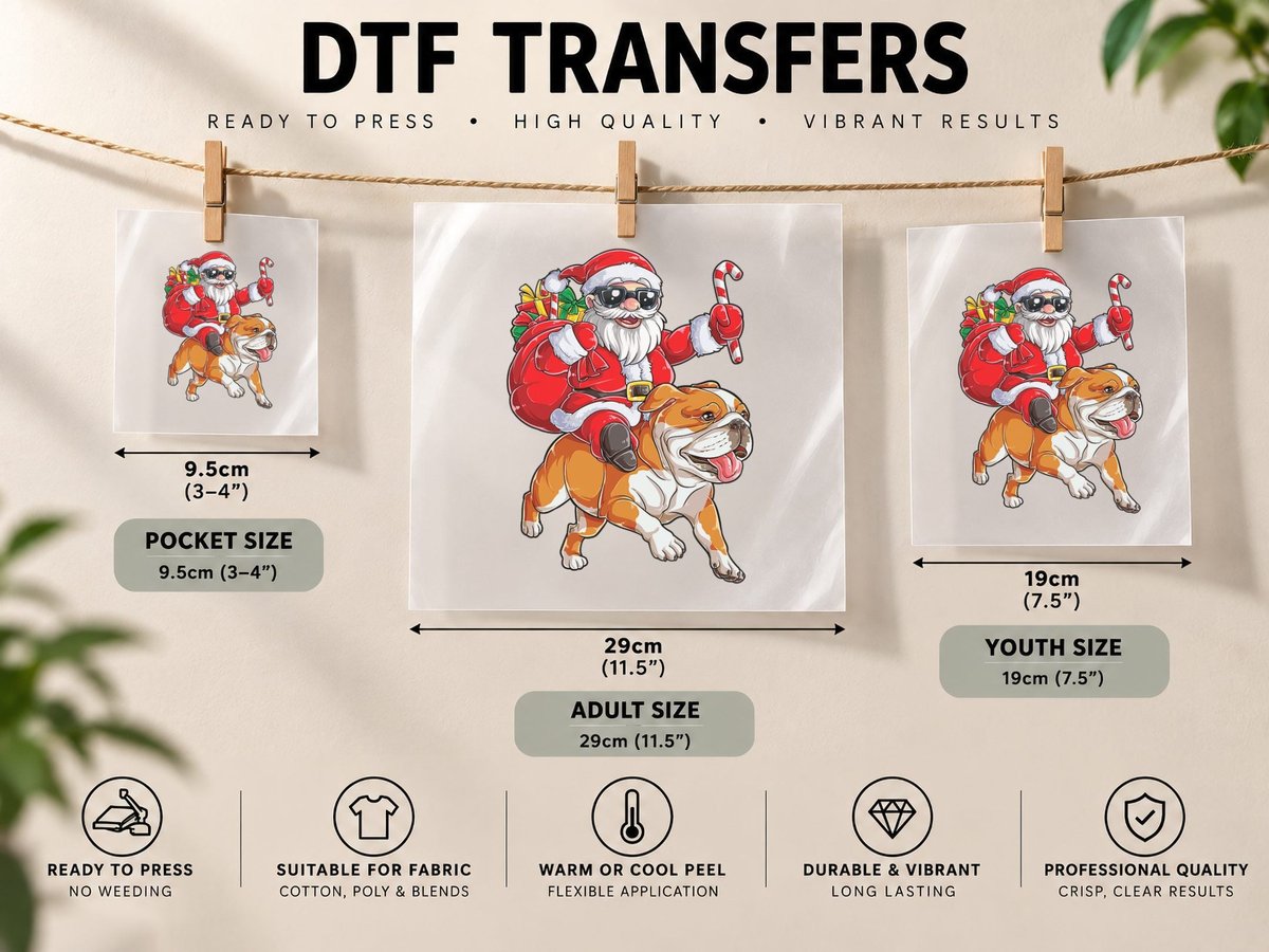 Christmas Santa Claus Riding English Bulldog Xmas Boys Dog DTF Transfer Iron On