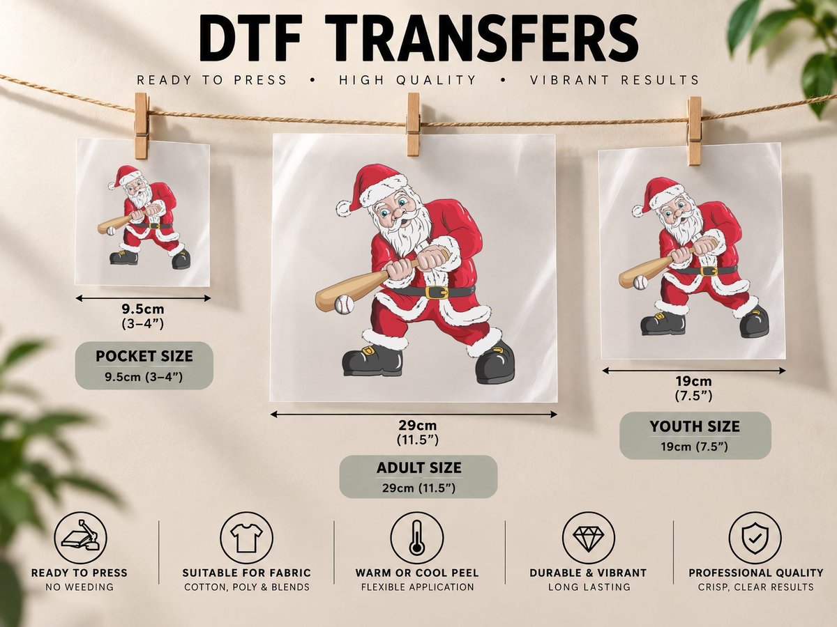 Christmas Santa Claus with Baseball Bat Baseball DTF Transfer Iron On