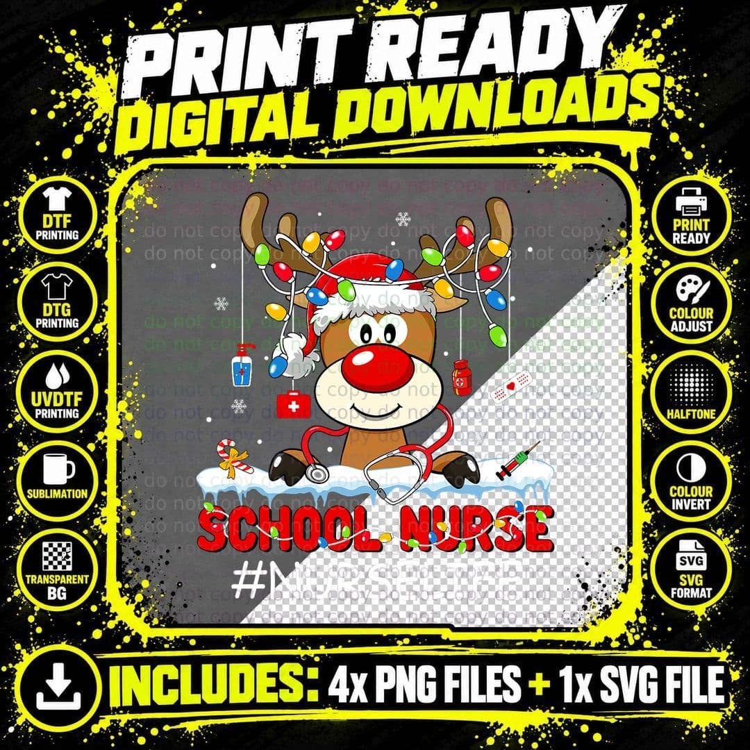 Christmas School Nurse Life Reindeer Lights Xmas Pjs Png SVG Digital Bundle